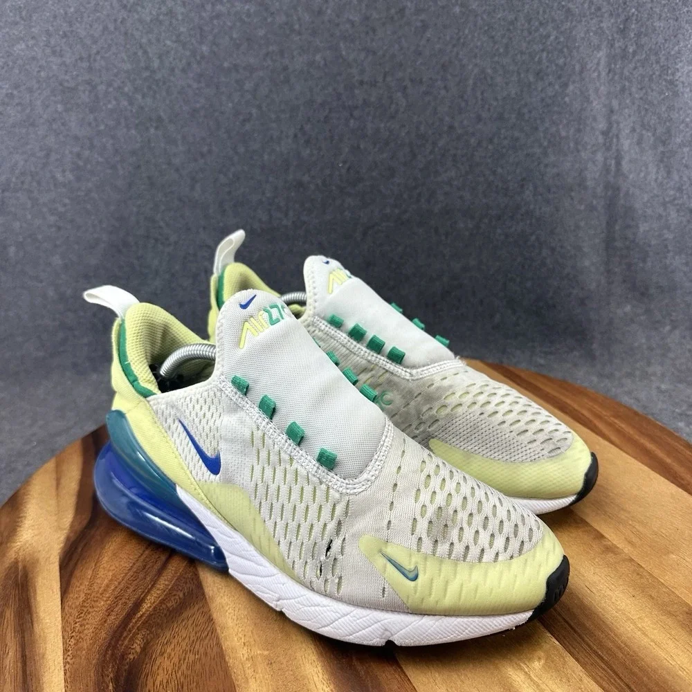 Nike Air Max 270 Shoes Youth Size 7Y White Volt Blue Mesh Sneakers‎ FN6982-100